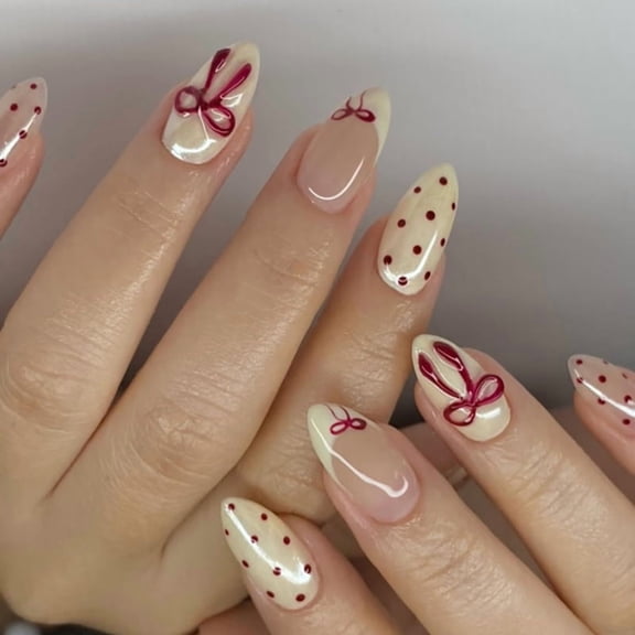 Polka Dot French Press On Nails, Sweet Ins Style 3D Red Bow Reusable Fake Nail Tips