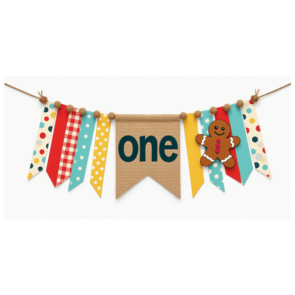 Polka Dot Gingham Fabric Banner with Felt Ball Trim and One Cookie Decoration, First Birthday Party Decorations, Party Backdrop, Photo Background, Event Decor, Birthday Party Supplies