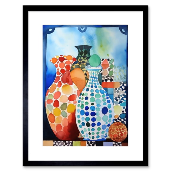 Polka Dot Glazed Porcelain Ceramic Vases Folk Art Artwork Framed Print Wall Art 9X7 Inch