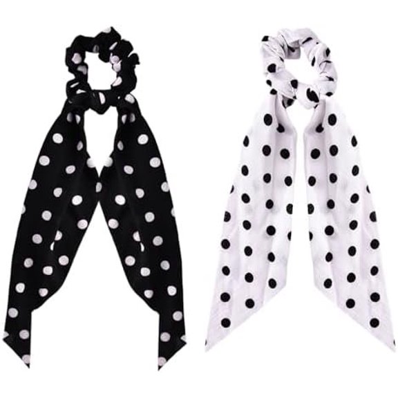 Polka Dot Hair Scrunchies for Women Girl Bowknot Ponytail Holder Stretchy Long Tail Hair Accessory Elastic Hair Band Tie Black White Polka Dot Chiffon Hairband Rubber Band Accessories 2 count