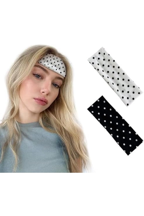 Polka Dot Headband for Women, Wide Elastic Headbands Hair Band with Dot Y2K Hair Accessories for Running Daily Dates Parties (Black+White)
