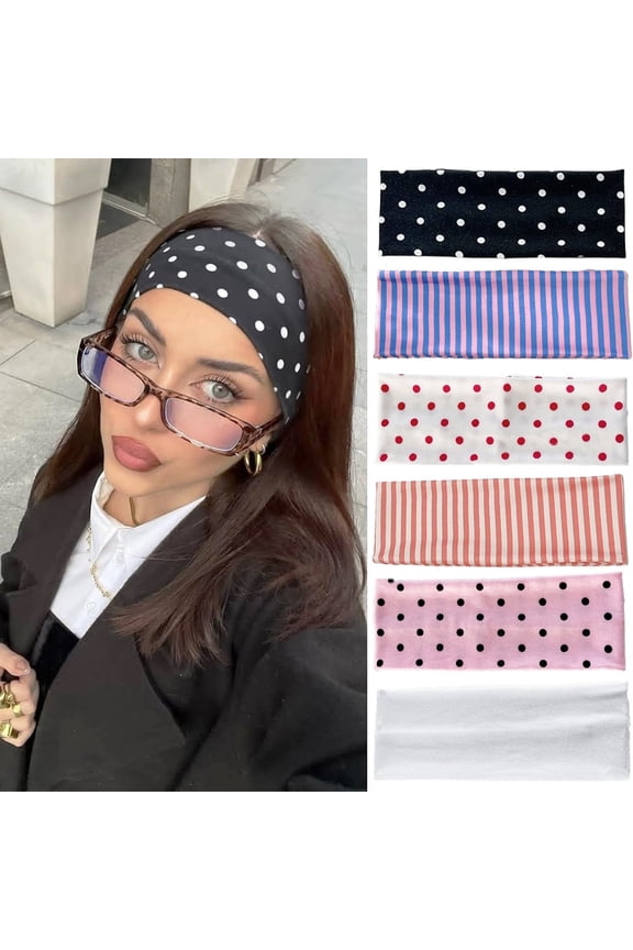 Polka Dot Headband for Women 6 Pack Non Slip Soft Elastic Floral Hairbands Soft Fabric Stripe Head Bands for Girls Heart Headbands