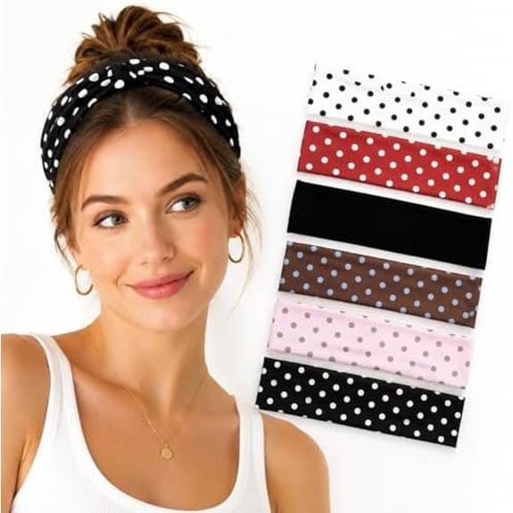 Polka Dot Headbands for Women, 6 count Cute Wide Fabric Hair Bands, Soft Breathable Stretchy Headbands for Hair, Fashion Hair Accessories for Daily Wear, Workout, Makeup, Yoga, Washing