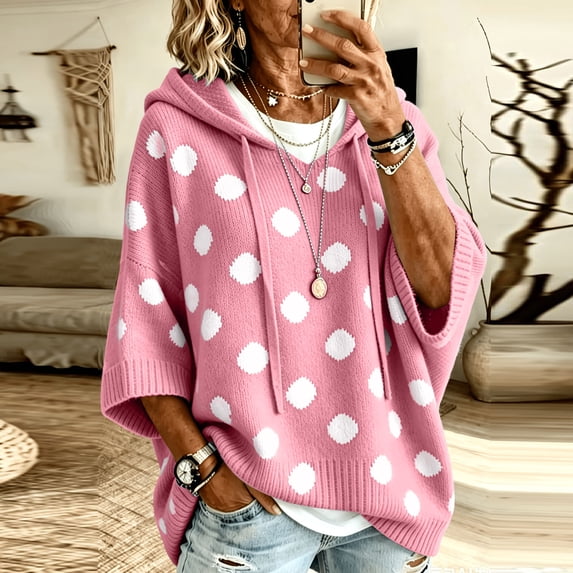Polka Dot Hoodies for Women Fashion Striped Hoodie Knit Warm 3/4 Sleeve Sweater Loose Hooded Sweatshirt Pullover Sweatshirts