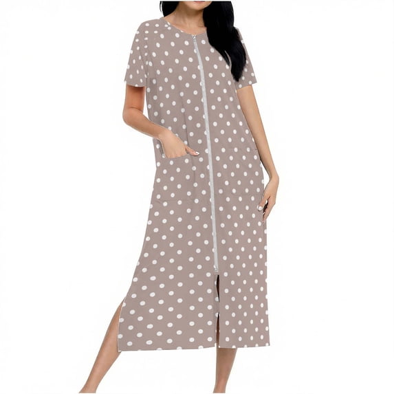 Polka Dot Housecoats for Women Short Sleeve Front Zipper Bathrobes Loose Lounge Loungewear Nightgown with Pockets