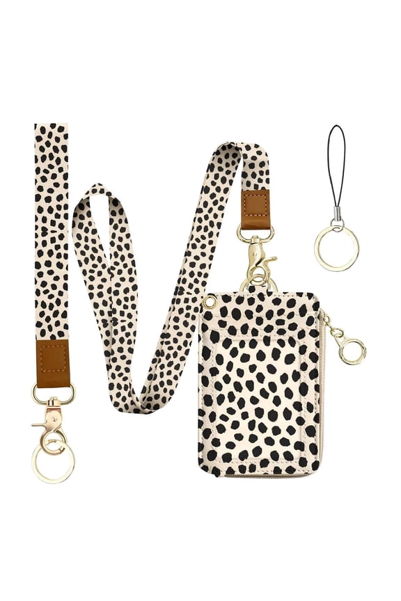 Polka Dot ID Badge Holder Cute Teacher Lanyard Wallet, Credit Card Holders with Removable Wristlet & Neck Lanyard, Leather ID Name Badg 5 Card Slots Zipper Purses