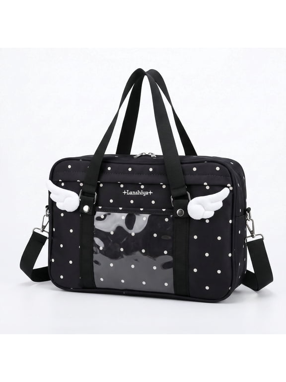 Polka Dot Ita Bag with Plush Angel Wing Decor, Clear Display Window Crossbody Tote Bag, Detachable Shoulder Strap, Anime Pin Collectible Handbag for Cosplay Daily Casual Use