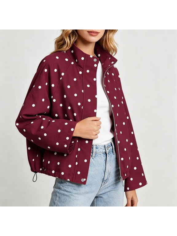 Polka Dot Jacket for Women Stand Collar Full Zip Drawstring Hem Casual Fashion Coat with Pockets