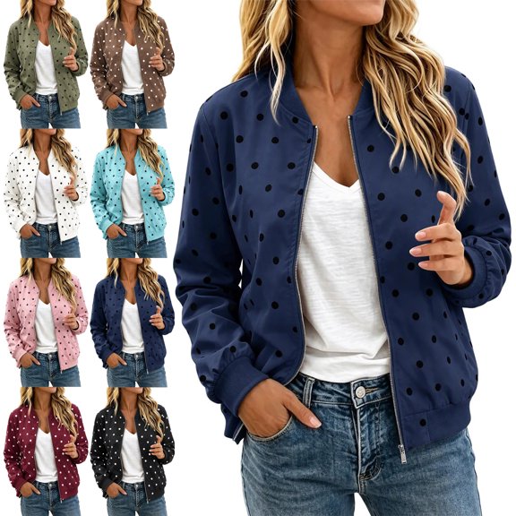 Polka Dot Jackets for Women Stand Collar Full Zip Drawstring Hem Coat, Casual Windbreaker Outerwear Bomber Jacket for Daily Wear