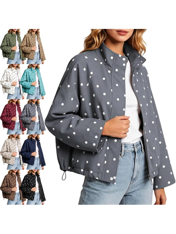 Polka Dot Jackets for Women Stand Collar Full Zip Drawstring Hem Coat, Casual Windbreaker Outerwear Jacket for Daily Wear
