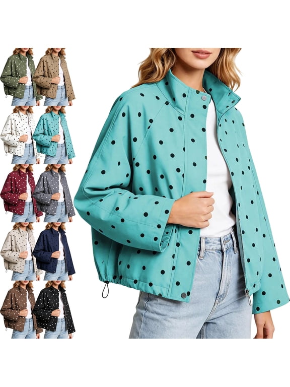 Polka Dot Jackets for Women Stand Collar Full Zip Drawstring Hem Coat, Casual Windbreaker Outerwear Jacket for Daily Wear