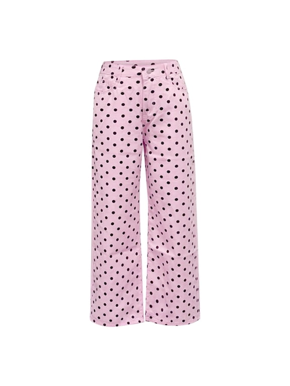 Polka Dot Jeans, Audhol Women's 2026 Polka Dot Pattern Jeans Mid Waist Vintage Denim Pants with Pocket Wide Leg Jeans Woman Pink S