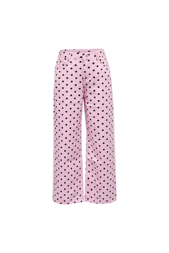 Polka Dot Jeans, Audhol Women's 2026 Polka Dot Pattern Jeans Mid Waist Vintage Denim Pants with Pocket Wide Leg Jeans Woman Pink S