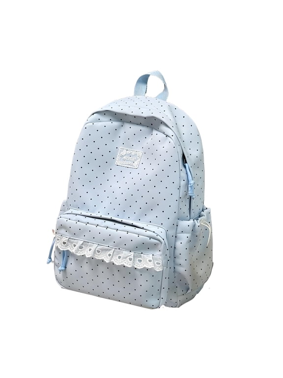 Polka Dot Lace Trim Backpack, Light Fashion Carry Pack With Multiple Compartments Fits 16 Inch Laptop For School Work And Short Journeys (Blue)