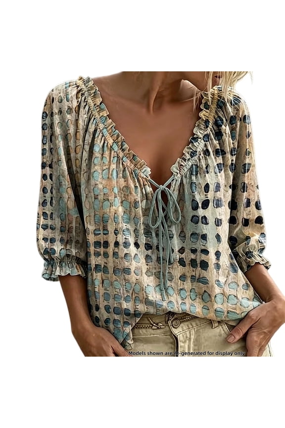 Polka Dot Lace Up Blouse, Women's V-Neck Abstract Geometric Print Drawstring Ruffle 3/4 Sleeve Summer Casual Flowy Tops