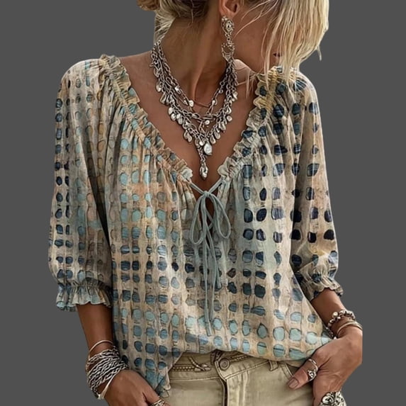 Polka Dot Lace Up Blouse for Women Ruffled 3/4 Sleeve V-Neck Flowy Boho Peasant Tops Linen Sheer Polkadot Shirts Mint Green M