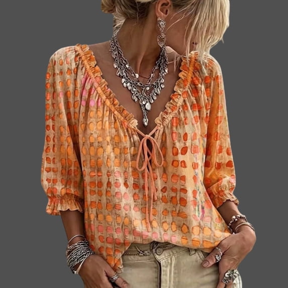 Polka Dot Lace Up Blouse for Women Ruffled 3/4 Sleeve V-Neck Flowy Boho Peasant Tops Linen Sheer Polkadot Shirts Orange L
