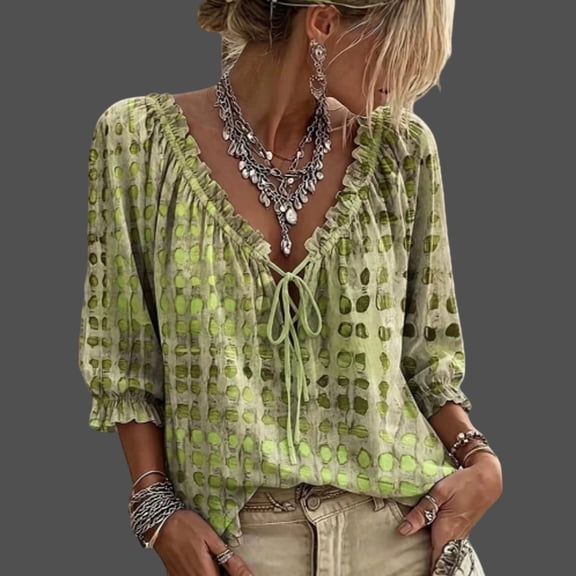 Polka Dot Lace up Blouse Ruffled V-Neck Tie Women Womens Summer Tops Shirts 3/4 Sleeve Casual Dressy Floral Work Light Green S