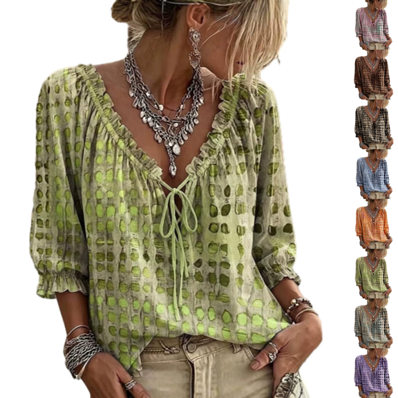 Polka Dot Lace up Blouse Ruffled V-Neck Tie Women Womens Summer Tops Shirts 3/4 Sleeve Casual Dressy Floral Work Light Green S