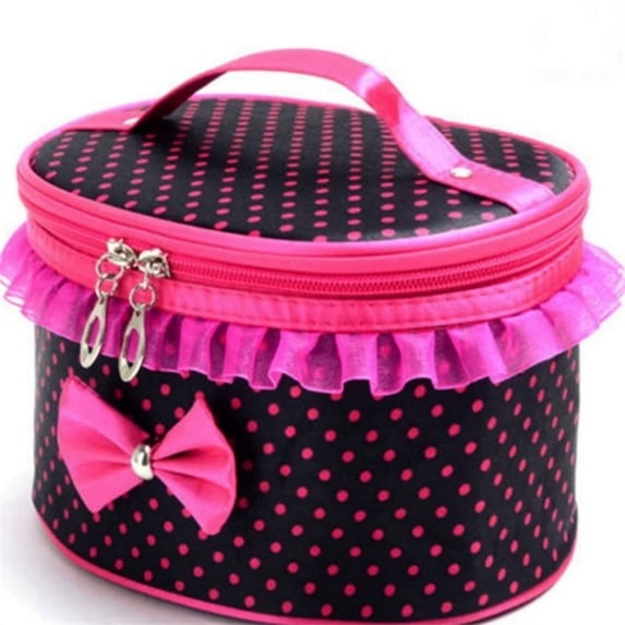 Polka Dot Makeup Bag For Girls, Canvas Cosmetic Organizer With Bow & Ruffle Trim, Portable Travel Pouch With Handle & Zipper(Black)