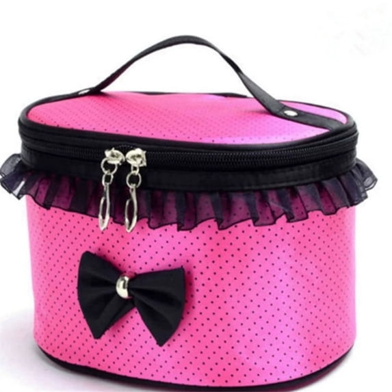 Polka Dot Makeup Bag For Girls, Canvas Cosmetic Organizer With Bow & Ruffle Trim, Portable Travel Pouch With Handle & Zipper(Pink)