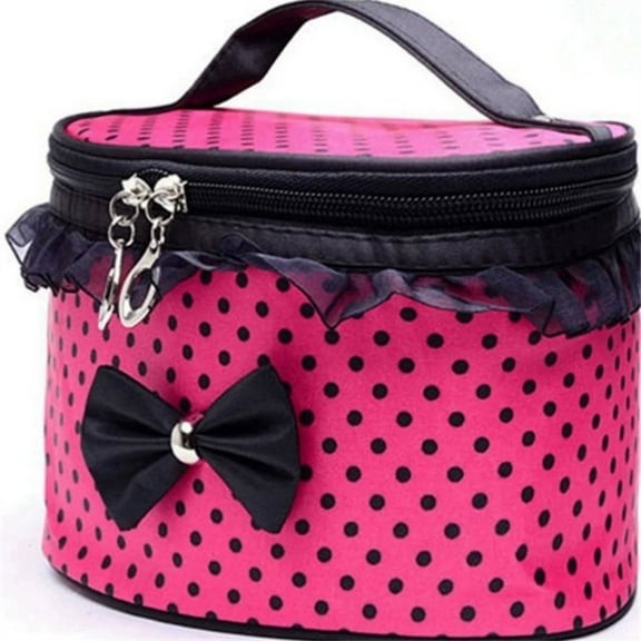 Polka Dot Makeup Bag For Girls, Canvas Cosmetic Organizer With Bow & Ruffle Trim, Portable Travel Pouch With Handle & Zipper（Rose Red）