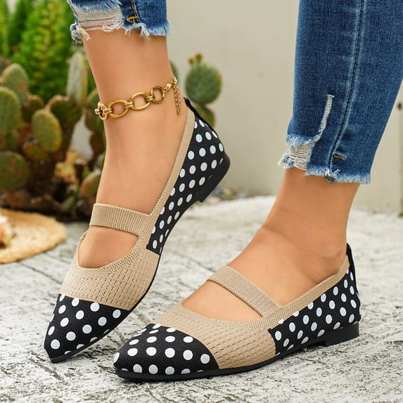 Polka Dot Mary Jane Flats, Elastic Strap Slip-On Shoes, Women's Polka Dots Mesh Ballet Flats Bowknot Pointed Toe Ballerina Flats Closed Toe Comfortable Casual Work Shoes, Khaki 6.5