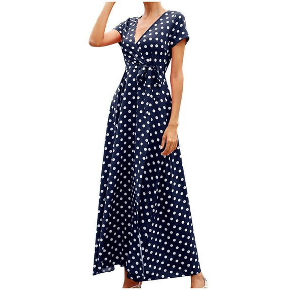 Polka Dot Maxi Wrap Dress for Women Graduation Wedding Guest Long Dresses V Neck Belted Flowy Dress Elegant Prom Gown