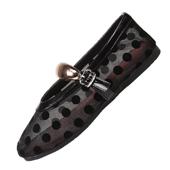 Polka Dot Mesh Mary Jane Flats for Women, Breathable Adjustable Buckle Strap Casual Comfort Shoes,Size 5.5