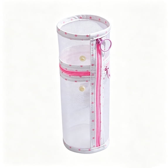 Polka Dot Mesh Standing Cylindrical Pencil Case with Dual Compartments, Clear Visible Vertical Pen and Makeup Organizer for Office Desk Artist Travel Storage, 8.78 Inch