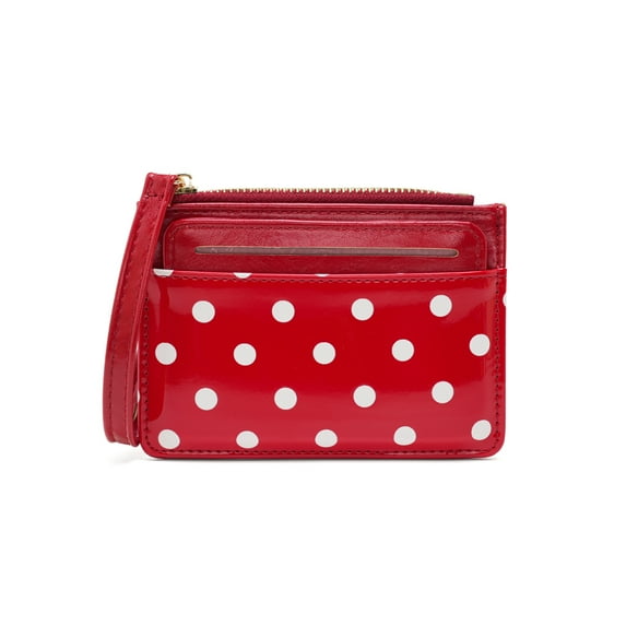 Polka Dot Mini Card Holder and Coin Wallet for Women with Wrist Strap, Multi-Functional ID Card Organizer (Red)