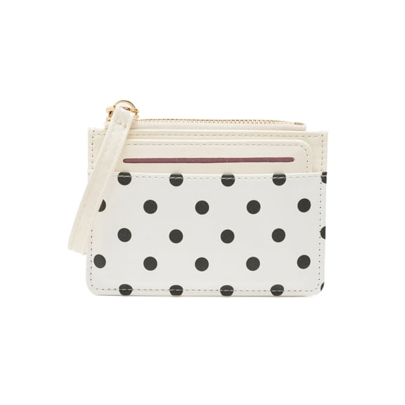 Polka Dot Mini Card Holder and Coin Wallet for Women with Wrist Strap, Multi-Functional ID Card Organizer (White)
