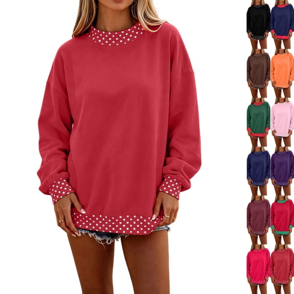 Polka Dot Mock Neck Sweatshirt Women Oversized Cute Fall Baggy Sweatshirt Casual, Long Sleeve, Loose Fit, Cozy, Soft, Cotton Sweaters Watermelon Red 2XL