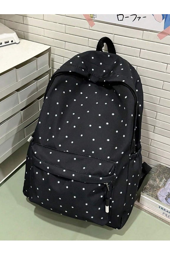 Polka Dot Nylon Backpack 1711-Black | Front Zip Pocket & Adjustable Straps