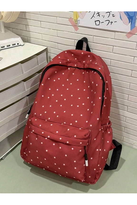 Polka Dot Nylon Backpack 1711-Red | Adjustable Straps, Front Pocket & Zip