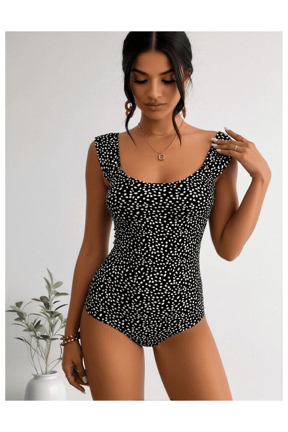 Polka Dot One Piece Swimsuit - Vintage Retro Bathing Suit for Women, Crew Neck Sleeveless Tankini Swimwear, Classic Dot Print Swimsuit for Beach & Pool