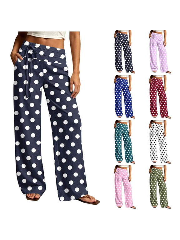 Polka Dot Pants, Women's Polka Dot Straight Leg Long Pants, Elastic Waist Comfortable Fabric with Side Pockets, Daily Casual Street | TruHer,Black 2XL