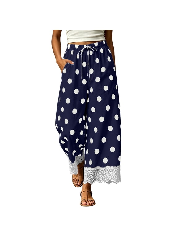 Polka Dot Pants for Women,Wide Leg Baggy Lace Trim Elastic Drawstring Waist Fall Fashion Outfits