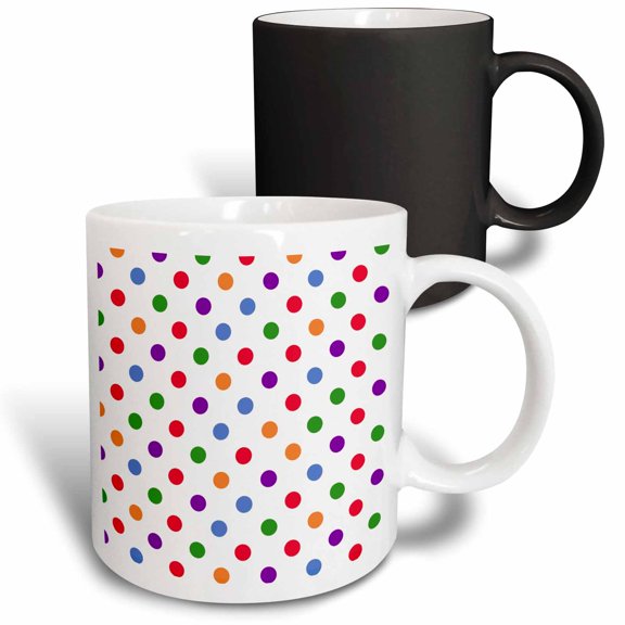 3drose, Polka Dot Pattern of Red, Blue, Gray, Orange, Purple Dots on White, 11oz Magic Transforming Mug