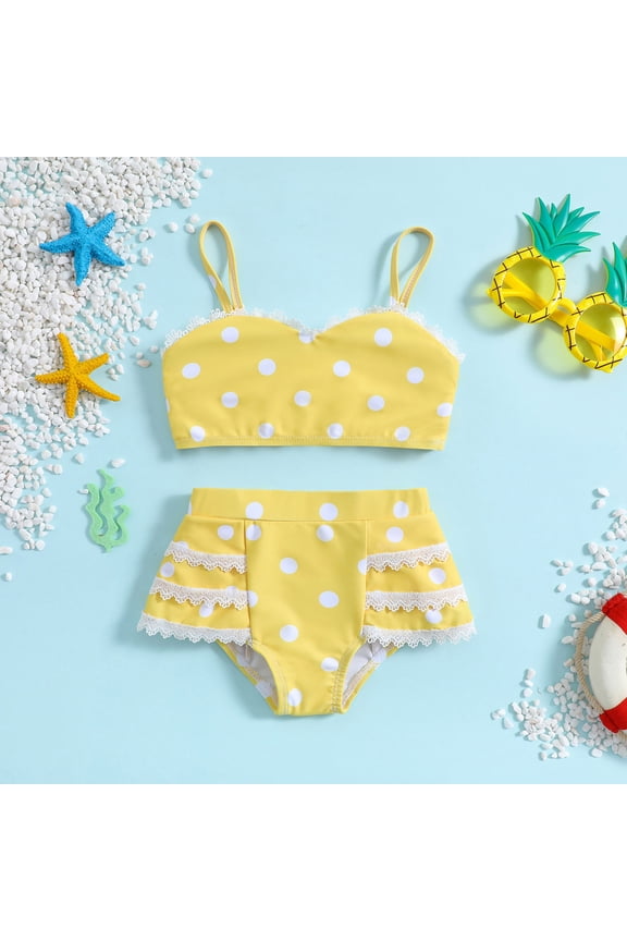 Polka Dot Pattern Ruffle Trim Two Piece Bikini Set Summer Beach Vacation Cross Back Bathing Suit for Little Girls