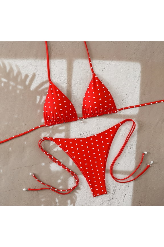 Polka Dot Pearl Accent String Bikini Set, Halter Tie Side 2 Piece Swimsuit for Women, 3 Colors Available