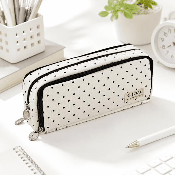 Polka Dot Pencil Case, Cute Pencil Case, Multi Compartment Pencilcases, Large Pencilcase big capacity, Canvaswith Soft Zip Pen Case, Suitable for Office