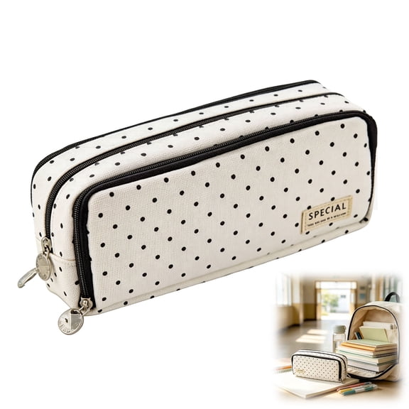 Polka Dot Pencil Case, Large Capacity Multi-Compartment Canvas Pen Bag with Soft Zip, Cute Stationery Organizer for Office & Daily Use (Polka dots,1 Pc)