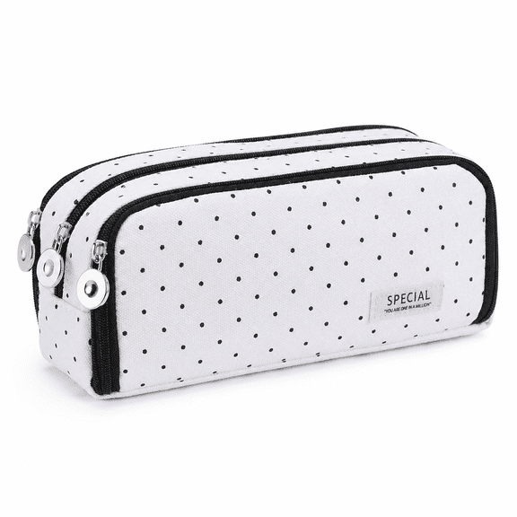 Polka Dot Pencil Pouch 3 Compartments Canvas Pen Organizer Bag Large Capacity Storage Case for Office Work Travel Makeup Accessories