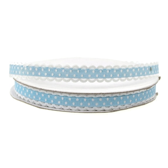 Polka Dot Picot-Edge Polyester Ribbon, 3/8-inch, 25-yard, Light Blue