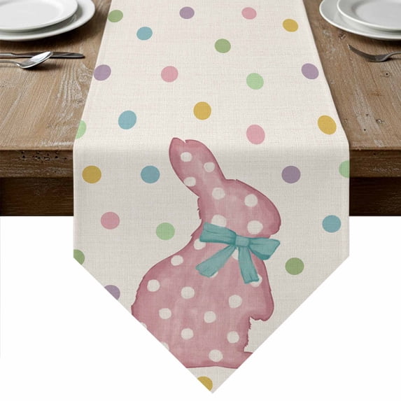 Polka Dot Pink Bunny Table Runner Linen Burlap Table Runner 120 Inches Long Farmhouse Rabbit Rustic Dresser Scarves for Kitchen Island Coffee Dining Room Party Wedding Banquet Holiday Decor 13"x120"