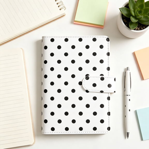 Polka Dot Planner Journal - A6 Dot Grid Organizer with Zipper Pockets - Budget Notebook with Accessories - White