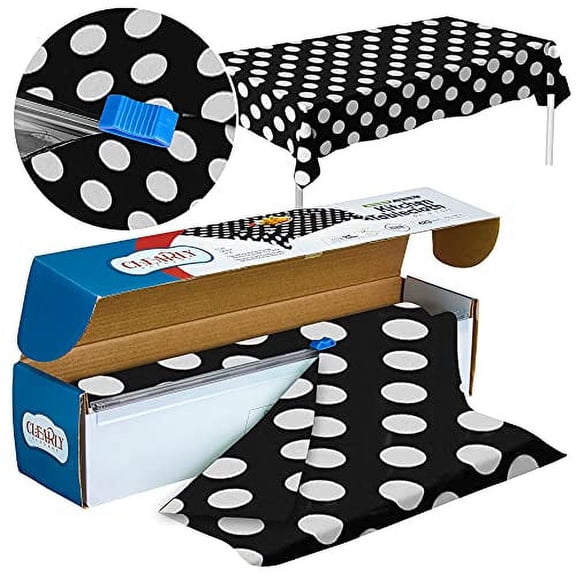 Polka Dot Plastic Tablecloth Roll - Durable Plastic Table Cover Roll | Indoor/Outdoor | 52 Inch X 100 Feet | Water Resistant Tablecover | Disposable Table Cloth with Easy to Use Safe Cutter - Black