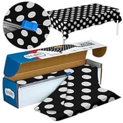Polka Dot Plastic Tablecloth Roll - Durable Plastic Table Cover Roll | Indoor/Outdoor | 52 Inch X 100 Feet | Water Resistant Tablecover | Disposable Table Cloth with Easy to Use Safe Cutter - Black
