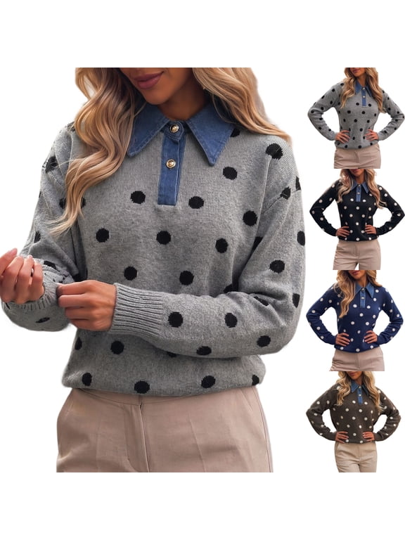 Polka Dot Polo Sweater for Women Long Sleeve Button Neck Knit Pullover Loose Fit Polo Collar Sweater Casual Vintage Preppy Fall Winter
